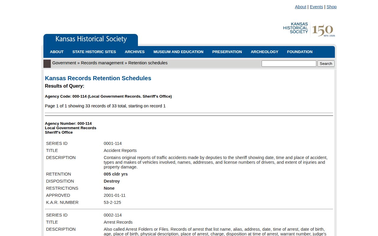Kansas sheriff retention schedule for older Elk County booking records
