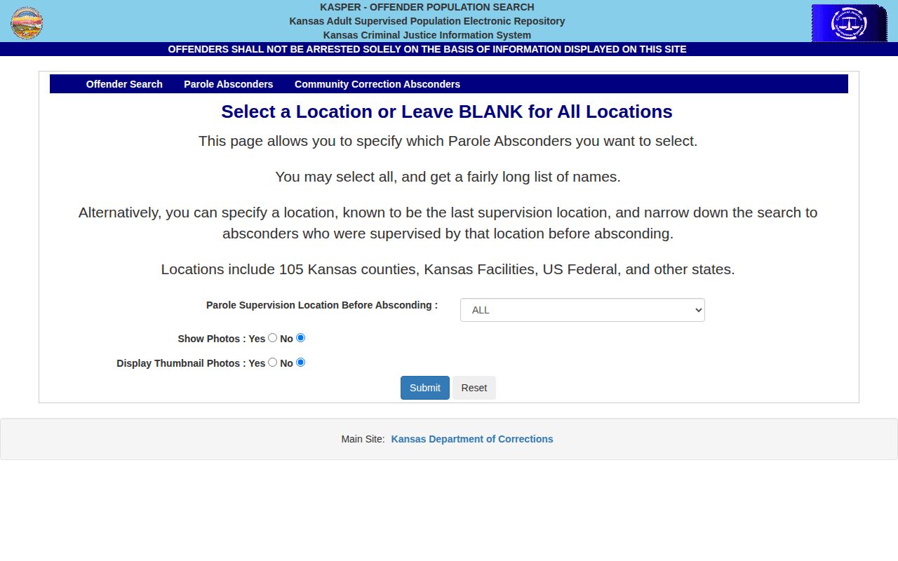 KDOC parole absconder search separate from Elk County wanted records