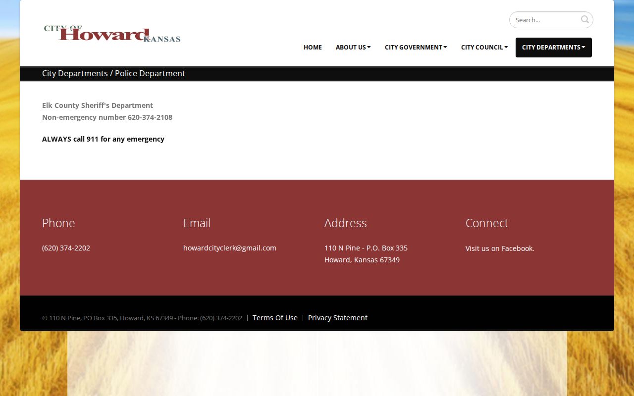 Howard official police page routing arrest records to Elk County Sheriff